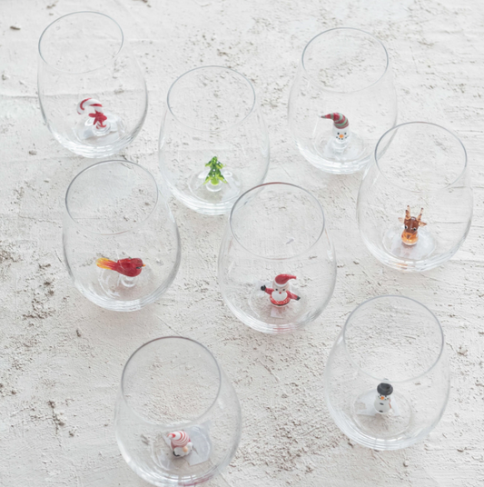 Stemless Wine Glass w/ Holiday Figure Inside, 8 Styles