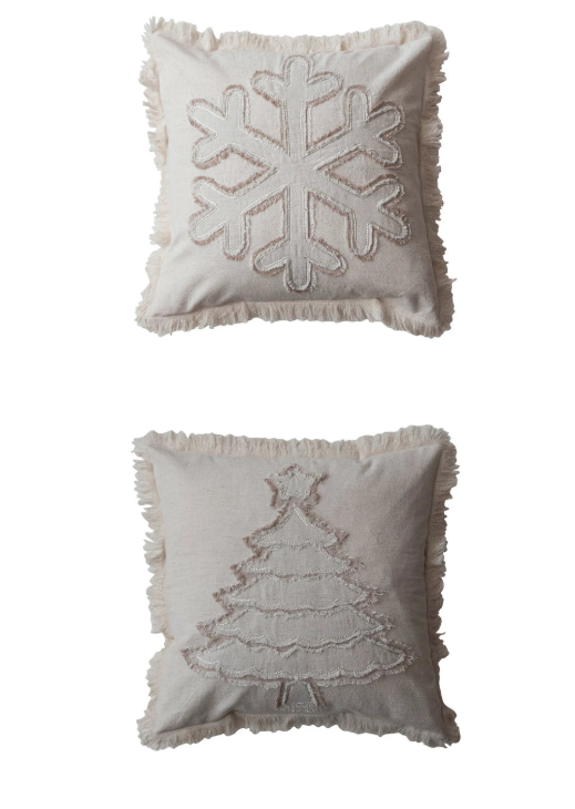 Christmas Woven Cotton & Linen Pillow w/ Fringe, 2 Styles