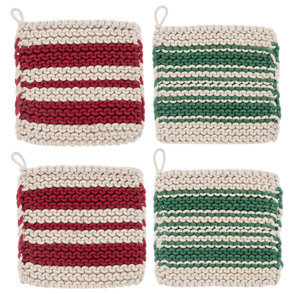 Cotton Crochet Red & Green Stripe Pot Holder Set