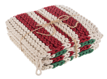 Cotton Crochet Red & Green Stripe Pot Holder Set