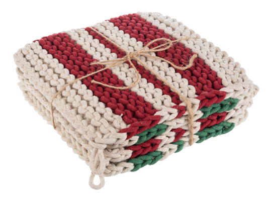 Cotton Crochet Red & Green Stripe Pot Holder Set
