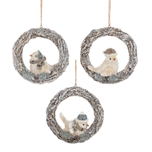 Snowy Birds on Wreath Ornaments, 3 styles