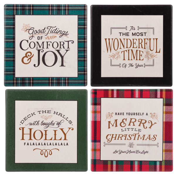 Holiday Saying Plaid Coaster Set