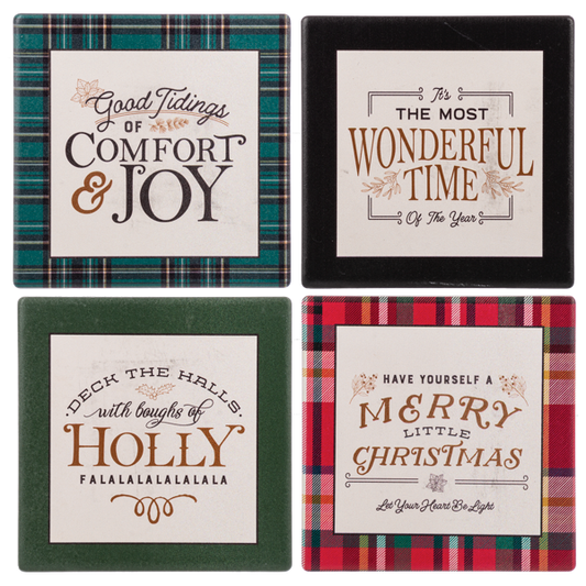 Holiday Saying Plaid Coaster Set