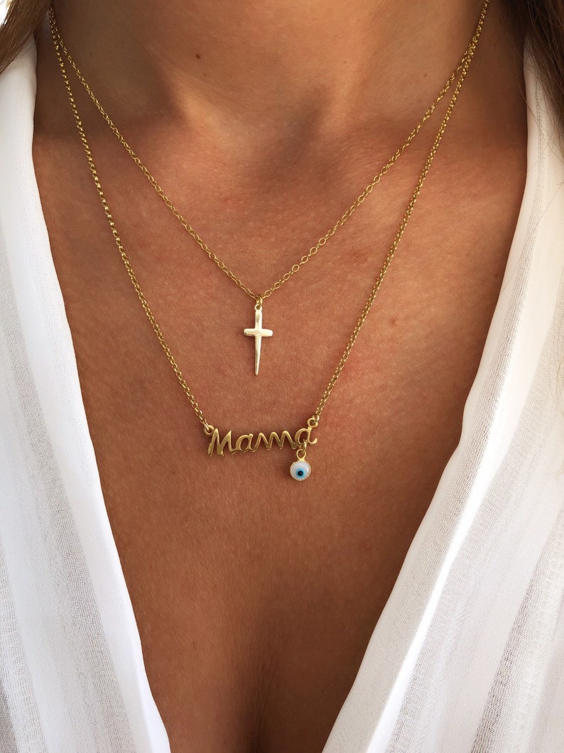Skinny Cross, Mama with Hanging Evil Eye Necklaces