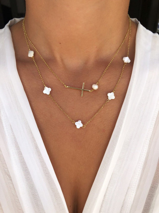 Sideways Cross with Pearl & Mini Cross Necklace