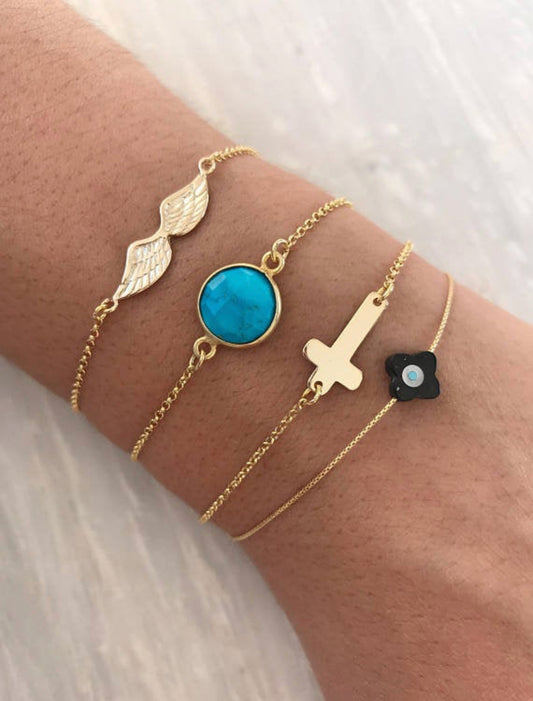 Angel Wings, Turquoise, Gold Cross, Black Evil Eye Bracelets