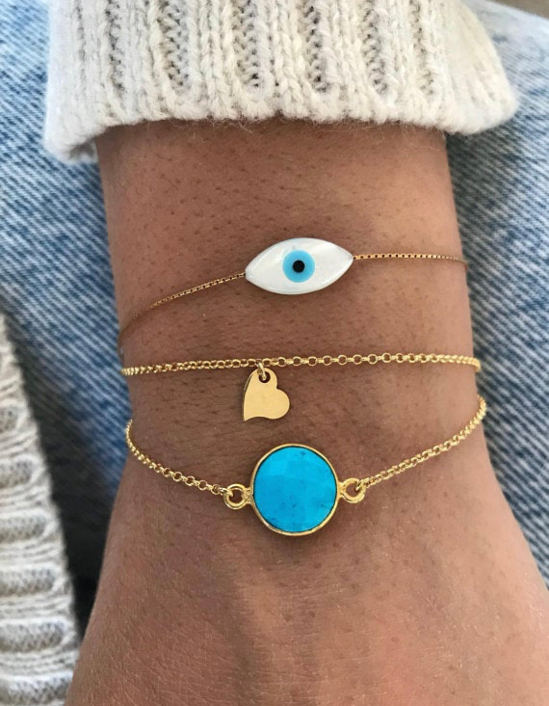 Oval Evil Eye, Tiny Gold Heart, Turquoise