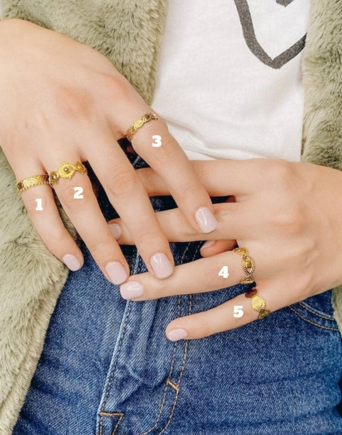 Gold stackable rings, 5 styles